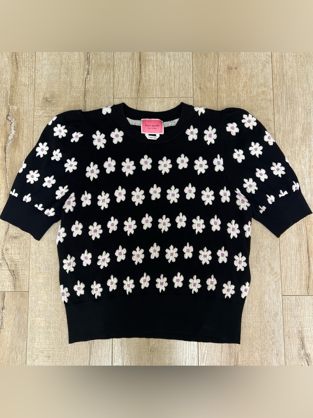 Kate Spade marker floral Black Knit Puff Sleeve Sweater - Picture 1 of 4